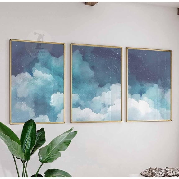 Clouds Bedroom Wall Art White Clouds Night Sky Vintage Blue Bedroom Set 3 Stretched Canvas 12x18