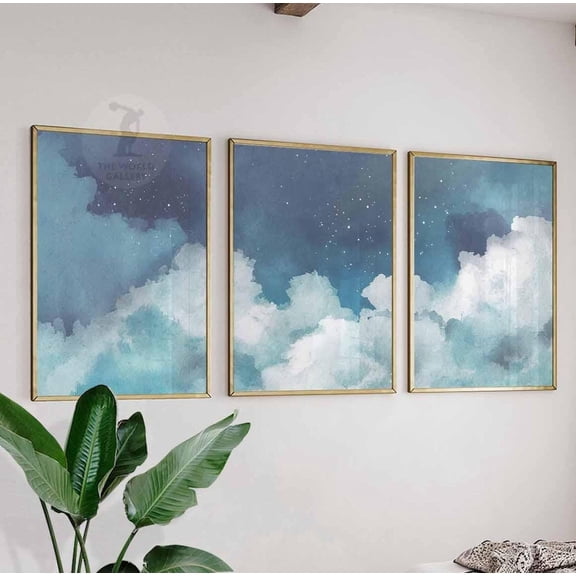Clouds Bedroom Wall Art White Clouds Night Sky Vintage Blue Bedroom Set 3 Stretched Canvas 12x18