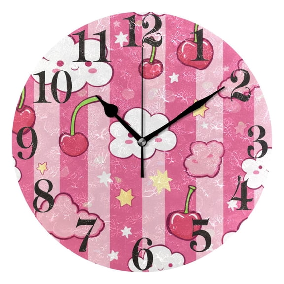 Clouds Cherries Star Round Wall Clock Battery Operated Silent Non-Ticking Bedroom Office Kitchen Home School Decor 10"(Black)