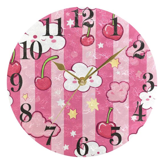 Clouds Cherries Star Round Wall Clock Battery Operated Silent Non-Ticking Bedroom Office Kitchen Home School Decor 10"(Gold)