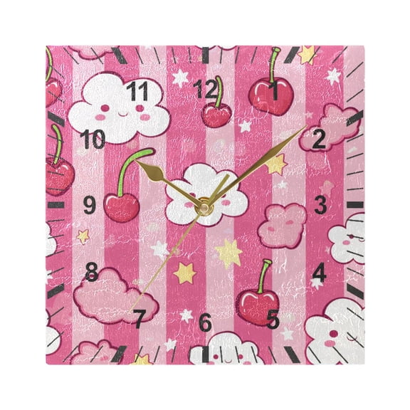 Clouds Cherries Star Wall Clock Battery Operated Silent Non-Ticking Bedroom Office Kitchen Home School Decor 7.8"(Gold)