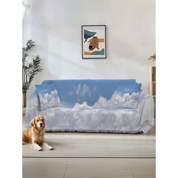 Clouds Couch Cover, Blue White Sky Natural Landscape Oversized Sofa Cover Blanket for 3 Cushion Couch, Sectional Sofa Slipcover Furniture Protector for Living Room Bedroom 71''x150''