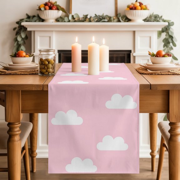 Clouds Dining Table Runner, Sky Cartoon Pink Washable Table Runners Kitchen Coffee Table Center Decor for Home Party Holiday Wedding 13 x 48 Inches