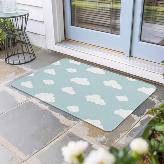 Clouds Door Mat Indoor Outdoor, Cartoon Blue Sky Minimalist Aesthetic Non Slip Welcome Mat with Rubber Backing, Absorbent Fabric Front Door Mats Entryway Rug for Home Patio Entrance 16"x24"
