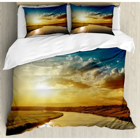 Clouds Duvet Cover Set, Cool Sunset over River Horizon Landscape Phenomenal Physical Event Theme, Decorative 3 Piece Bedding Set with 2 Pillow Shams, King Size, Blue Yellow, by Ambesonne