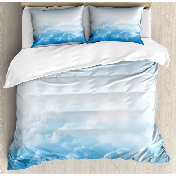 Clouds Duvet Cover Set, Fluffy Clouds High Above Ground Mass of Condensed Water Vapor Floating Dream Image, Decorative 3 Piece Bedding Set with 2 Pillow Shams, Queen Size, Blue White, by Ambesonne