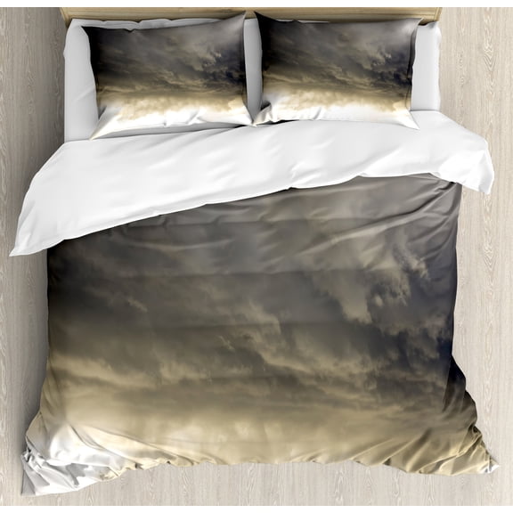 Clouds Duvet Cover Set, Heavy Storm Clouds in Dark Sky Hurricane Weather Cloudscape Mass of Liquid Droplets Image, Decorative 3 Piece Bedding Set with 2 Pillow Shams, King Size, Grey, by Ambesonne