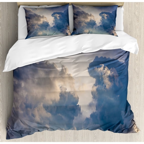 Clouds Duvet Cover Set, Majestic Rain Storm Clouds over the Sky High Above the Ground Environment Scenery, Decorative 3 Piece Bedding Set with 2 Pillow Shams, King Size, Blue White, by Ambesonne
