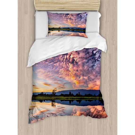 Clouds Duvet Cover Set, Reflection Pink Colored Clouds in Water Mirroring Scenic Weather Activity Picture, Decorative 2 Piece Bedding Set with 1 Pillow Shams, Twin Size, Blue, by Ambesonne