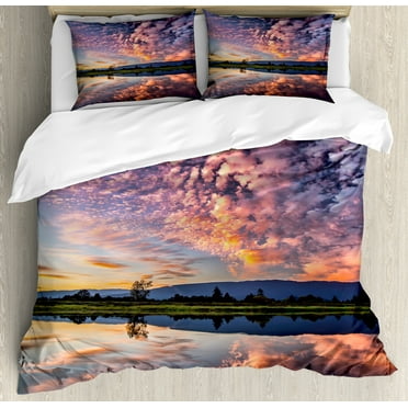 Clouds Duvet Cover Set, Reflection Pink Colored Clouds in Water Mirroring Scenic Weather Activity Picture, Decorative 3 Piece Bedding Set with 2 Pillow Shams, Calking Size, Blue, by Ambesonne