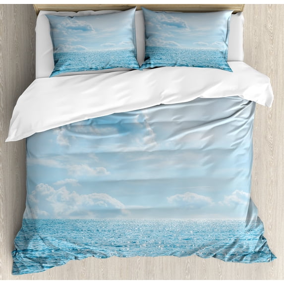 Clouds Duvet Cover Set, Sea and Sky Combined Mixed Each Other Vivid Life Inspiration Hope Nobody Relax Image, Decorative 3 Piece Bedding Set with 2 Pillow Shams, Queen Size, Pale Blue, by Ambesonne