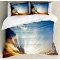 thumbnail image 1 of Clouds Duvet Cover Set, Sky View with Sun Rays from the Bottom Mystic Illusions Vision Vibrant Scene Art, Decorative 3 Piece Bedding Set with 2 Pillow Shams, King Size, Orange Blue, by Ambesonne, 1 of 3
