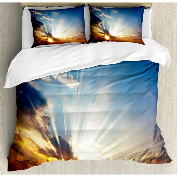 Clouds Duvet Cover Set, Sky View with Sun Rays from the Bottom Mystic Illusions Vision Vibrant Scene Art, Decorative 3 Piece Bedding Set with 2 Pillow Shams, King Size, Orange Blue, by Ambesonne
