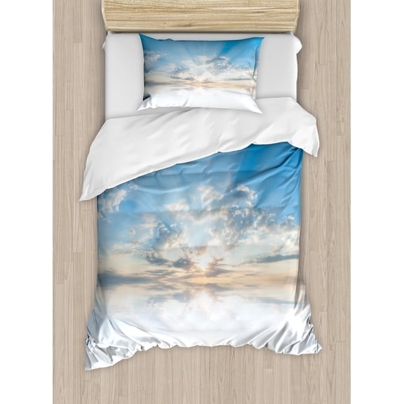 Clouds Duvet Cover Set, Vivid Air with Clouds Meteoric Reflection Atmosphere Photo Print, Decorative 2 Piece Bedding Set with 1 Pillow Shams, Twin Size, Pale Blue White, by Ambesonne