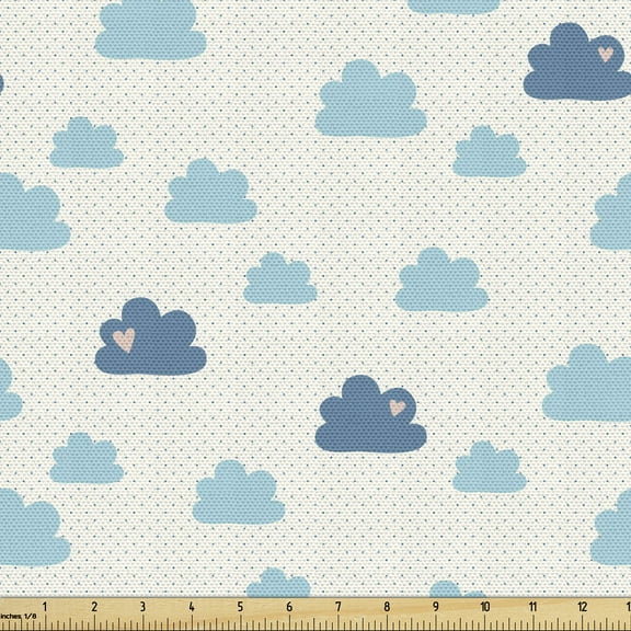 Clouds Fabric by the Yard, Repetitive Hearts Polka Dots Cumulus Simplistic Cartoon, Decorative Upholstery Fabric for Chairs & Home Accents, 10 Yards, Pale Sky Blue Blue Grey by Ambesonne