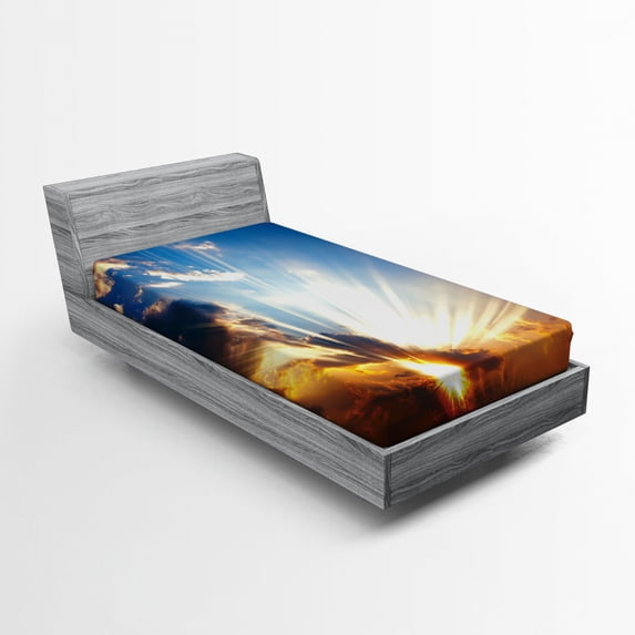 Ambesonne Orange Fitted Sheet, Sunbeams in Sky Scenery, Twin Size, Orange Blue