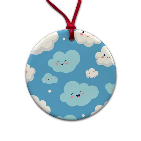 Clouds Happy Smiling Cute Pattern Christmas Tree Holiday Round Ceramic Ornament