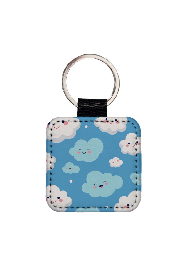 Clouds Happy Smiling Cute Pattern Faux Leather Square Keychain