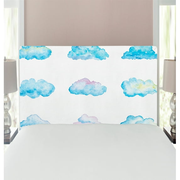 Clouds Headboard, Pattern of Various Vivid Clouds Watercolor Illustration Fluffy Softness Purity Print, Upholstered Decorative Metal Bed Headboard with Memory Foam, Twin Size, Blue White, by Ambesonne