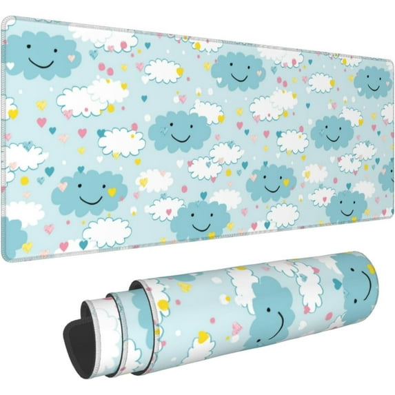 Clouds Heart Smile Large Mouse Pad for Desk XL Gaming Mouse Pad 31.5x11.8in Extended Desk Mat Non-Slip Base Desk Pad with Stitched Edge Computer Keyboard Mouse Mat Gaming Mousepad for Home Office