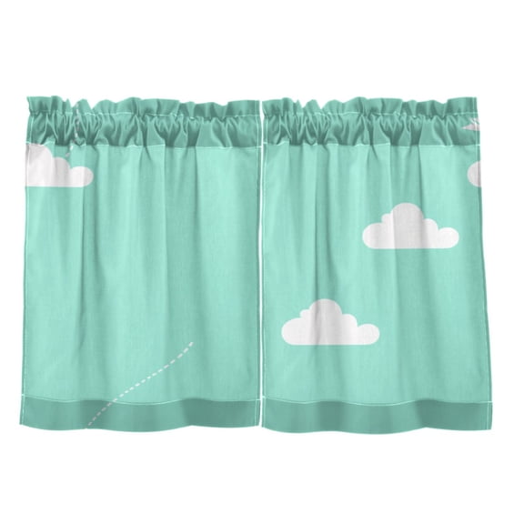 Clouds Illustration Green 27"x24" Linen Look Cafe Curtain Set with Privacy and UV Protection