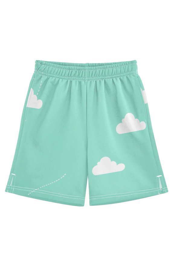 Clouds Illustration Green Athletic Shorts Breathable with Comfort Fit Drawstring Casual Sweatshorts Large