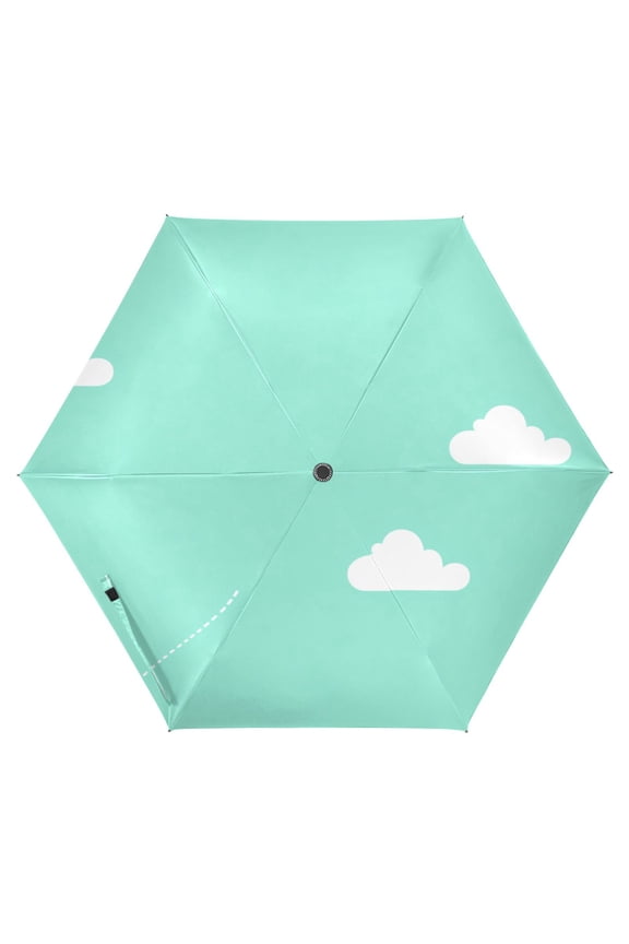 Clouds Illustration Green Folding Umbrella UV50+ Waterproof Sun Protection Auto Open Close Compact Fiberglass Frame