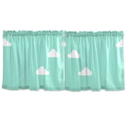 Clouds Illustration Green Tier Curtains for Kitchen 57x24 Inch Semi Sheer Light Filtering Half Window Curtains 2 Panels