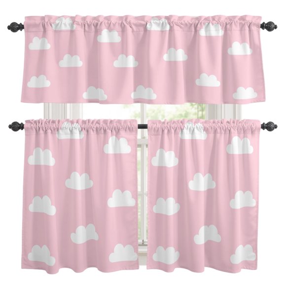 Clouds Kitchen Curtains Valances 3 Piece Set, Sky Cartoon Pink Rod Pocket Tier Curtain and Valance Drapes for Small Window 24 Inch Length for Bedroom Cafe