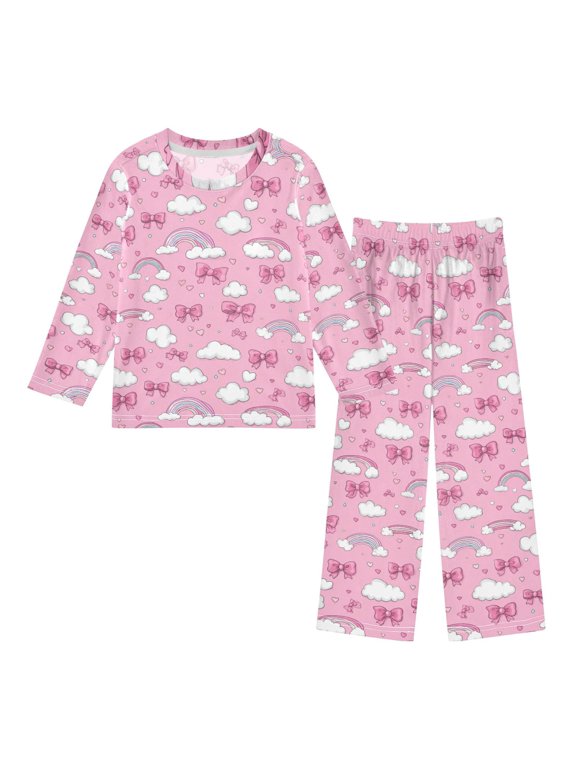 Clouds Love Rainbow Bow Cozy Soft Long Sleeves Top and Pants 2 Piece Cool Pjs Pajamas Set Sleepwear Size 3-11Y