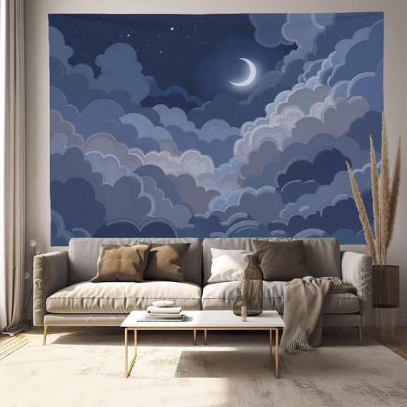Clouds Moon Sky Pattern Tapestry Blue-Gray 3D Retro Tapestries Wall Hanging, Minimalist Illustration Large Wall Art Tapestries For Living Room Bedroom Dorm Decor, 40 X 30 Inch