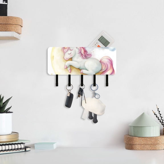 Clouds Moon and Unicorn Key Holder for Wall Mail Holder Organizer with 5 Key Hooks Wall Mount Key Rack with Shelf