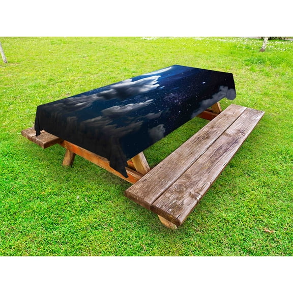 Clouds Outdoor Tablecloth, Celestial Solar Night Scene Stars Moon and Clouds Heaven Place in Cosmos Theme, Decorative Washable Fabric Picnic Tablecloth, 58 X 120 Inches, Dark Blue White, by Ambesonne