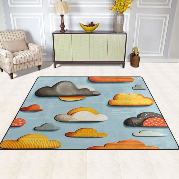 Clouds Pattern Design 63''x48'' Plush Memory Foam Bath Mat, Soft, Absorbent, Non Slip, Durable