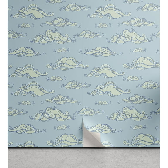 Clouds Peel & Stick Wallpaper, Repetitive Romantic Ornaments Cumulus Abstract Drawing Illustration, Self-Adhesive Living Room Kitchen Accent, 3 Sizes, Cadet Blue Green, by Ambesonne