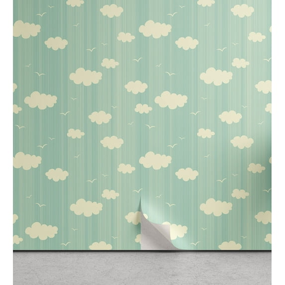 Clouds Peel & Stick Wallpaper, Romantic Sky View Pigeons Birds Lines Repetitive Illustration, Self-Adhesive Living Room Kitchen Accent, 3 Sizes, Almond Green and Cream, by Ambesonne