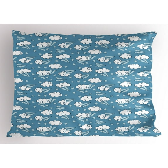 Clouds Pillow Sham, Cute Sky Weather Cartoon with Swirled Fluffy Cumulus and Paper Airplanes Stars, Decorative Standard Queen Size Printed Pillowcase, 30 X 20 Inches, Blue and White, by Ambesonne
