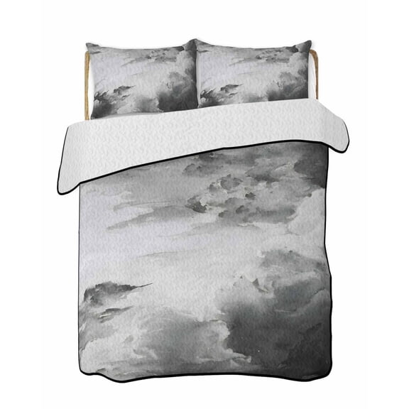 Clouds Quilts Bedding Set Queen Size Abstract Gradient Black Grey Clouds Sky Lightweight Quilted Bedspread 3 Piece Bed Quilt with 2 Pillow Shams All Season for Bedroom 78" x 90"