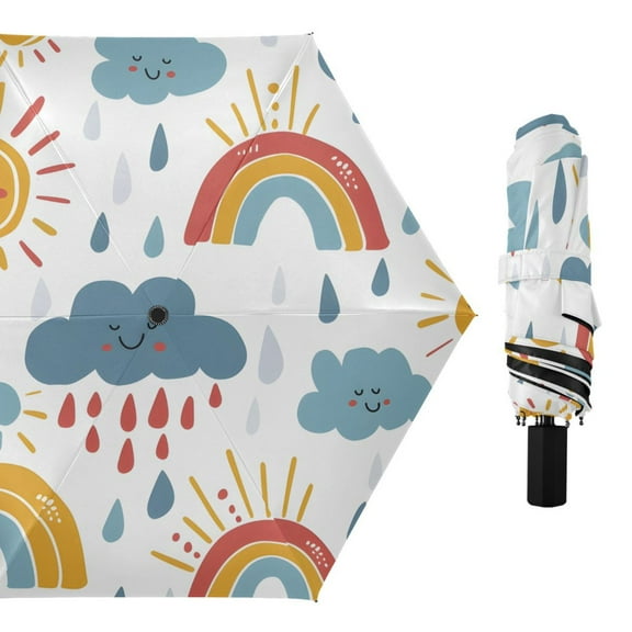 Clouds Raindrops Rainbow Sun All Weather Umbrella Triple Folding Parasol 6 Ribs UV Protection Portable