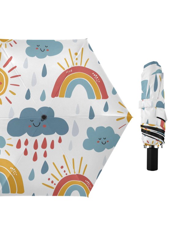 Clouds Raindrops Rainbow Sun All Weather Umbrella Triple Folding Parasol 6 Ribs UV Protection Portable