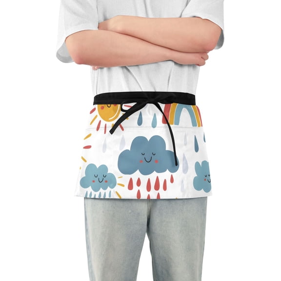 Clouds Raindrops Rainbow Sun Short Server Apron with 3 Pockets for Unisex Chef Gardening