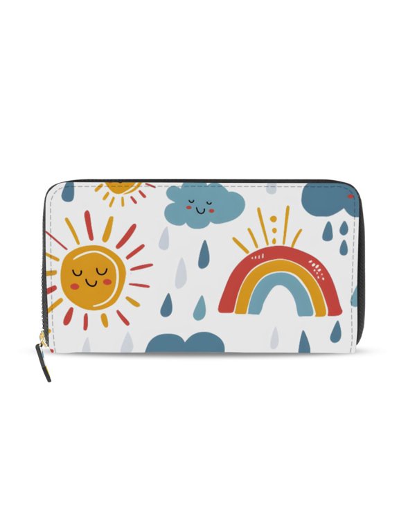 Clouds Raindrops Rainbow Sun Women's Long Zipper Wallet Bifold Clutch Purse PU Leather Card Cases