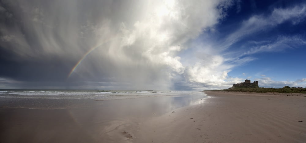Clouds Reflected In The Shallow Water On A Beach Northumberland England Canvas Art - John Short Design Pics (44 x 20)