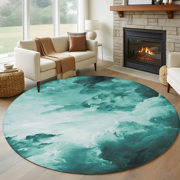 Clouds Round Living Room Rugs 6 ft, Abstract Gradient Green Clouds Sky Washable Area Rug with Non-Slip Sturdy Edge Binding Round Carpet for Kitchen Office Bedroom