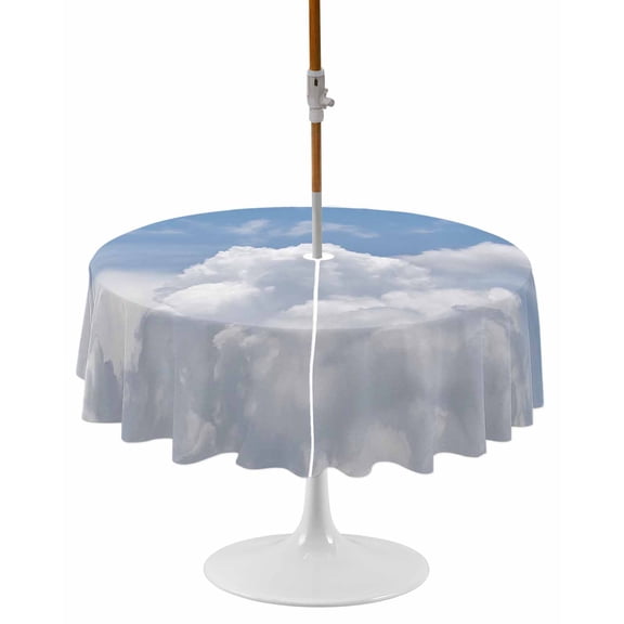 Clouds Round Outdoor Tablecloth, Waterproof Table Cloth Cover with Umbrella Hole and Zipper, Blue White Sky Natural Landscape Table Protector for Patio Party Picnic 54" Round
