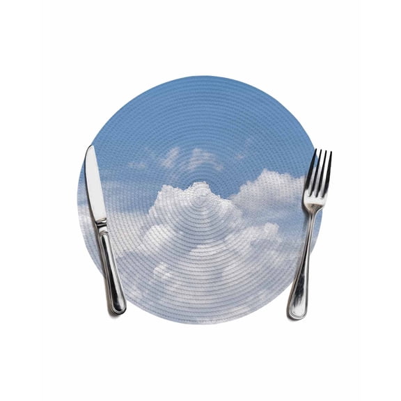 Clouds Round Placemats for Dinning Tables, Heat-proof Braided Table Mats 13 Inch, Blue White Sky Natural Landscape Washable Place Mat for Kitchen Restaurant Party Decor Supplies Table Setting