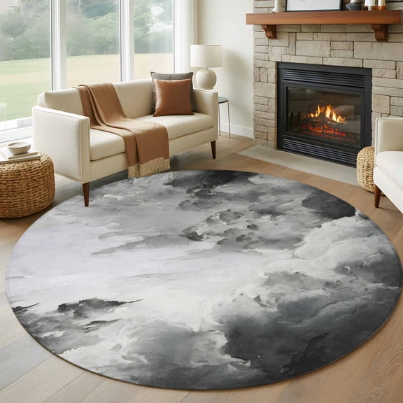 Clouds Round Rugs for Living Room 7ft Abstract Gradient Black Grey Clouds Sky Non Slip Circle Rug Washable Low-Profile Indoor Carpet for Bedroom, Dining Room, Bathroom