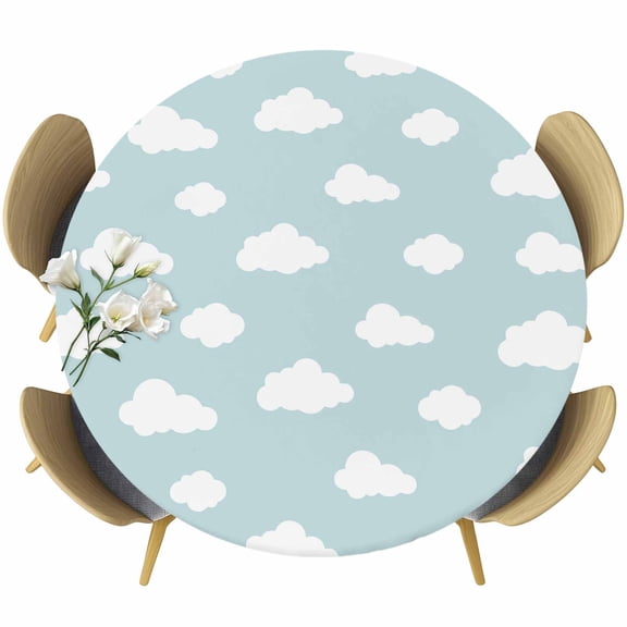 Clouds Round Tablecloth 45-54 Inch Round Fitted Table Cloth with Elastic Edge, Cartoon Blue Sky Minimalist Aesthetic Waterproof Table Cover Protector for Outdoor Picnic Party Dining