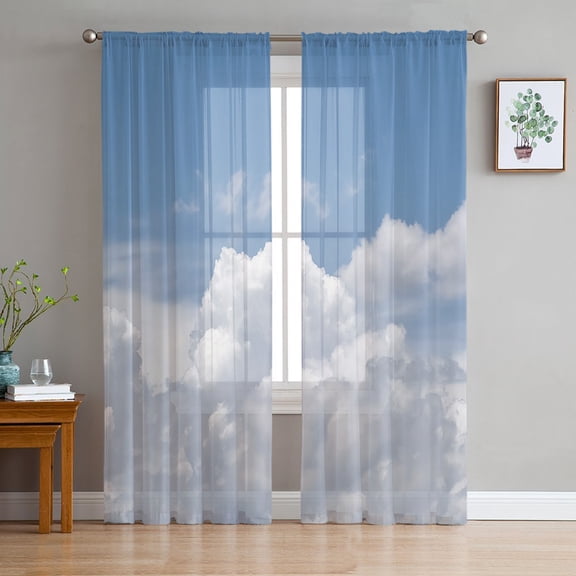 Clouds Semi Sheer Curtains 63 Inch Length 2 Panels Set, Blue White Sky Natural Landscape Sheer Kitchen Curtain Privacy Voile Window Curtain for Living Room Bedroom Rod Pocket Drapes