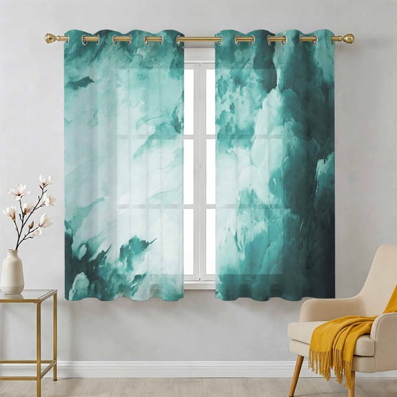 Clouds Sheer Curtains 45 Inch Long 2 Panels, Abstract Gradient Green Clouds Sky Light Filtering Semi Sheer Drapes Grommet Voile Window Curtain for Living Bedroom W42 x L45